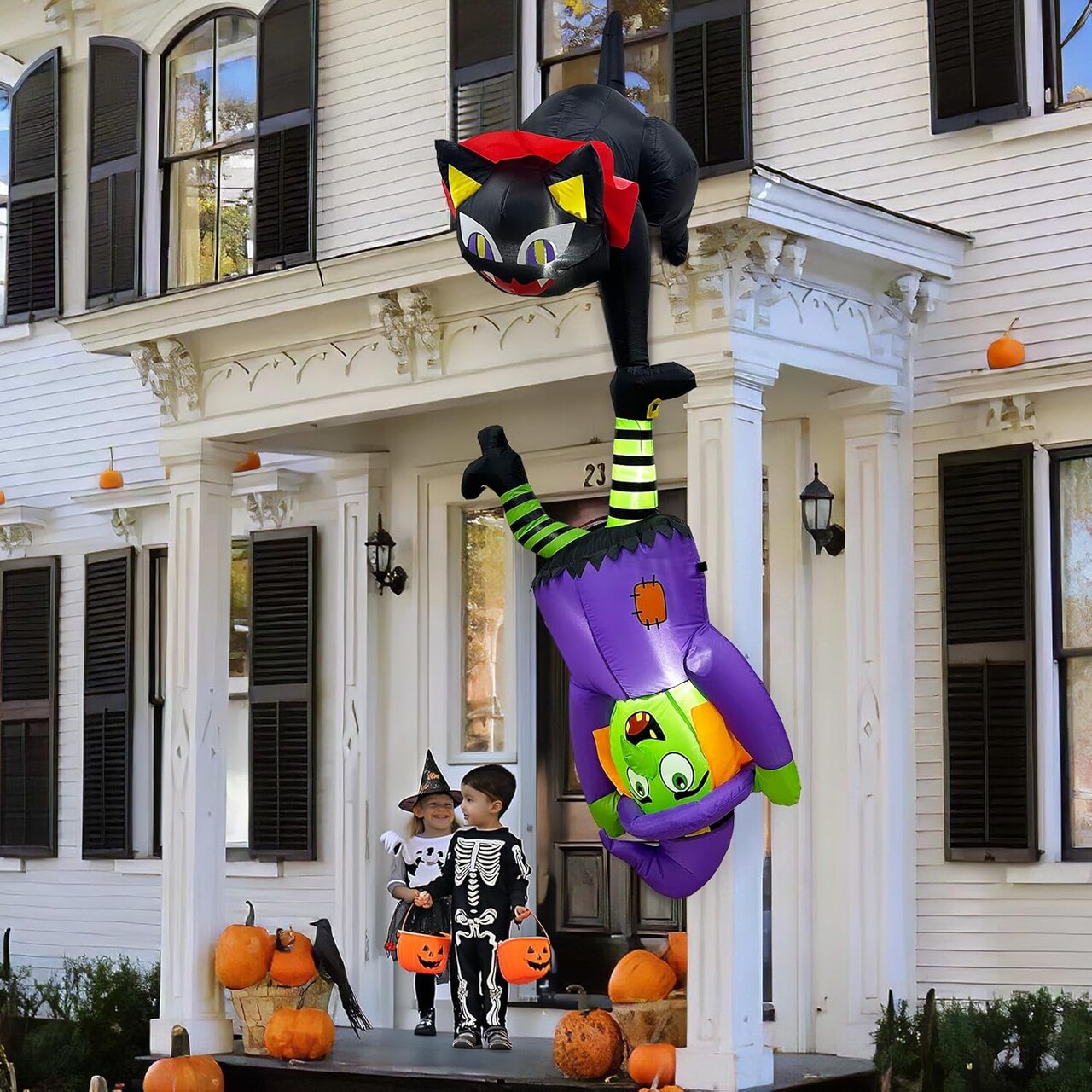 8 FT Halloween Inflatables with LED Lights - Black Cat and Witch